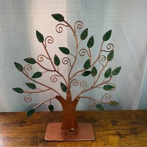 Vtg Copper Tree Jewelry Holder Stand-Green Leaf & Swirl Branch Earring Organizer
